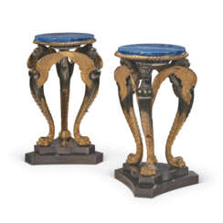 A PAIR OF GILT AND PATINATED METAL, FAUX LAPIS LAZULI-PAINTED TRIPOD PEDESTALS