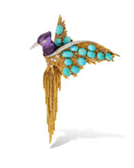 STERL&#201; AMETHYST, TURQUOISE AND DIAMOND BIRD BROOCH
