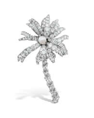 MID-20TH CENTURY NATURAL PEARL AND DIAMOND &#39;PALM-TREE&#39; CLIP-BROOCH MOUNTED BY CARTIER