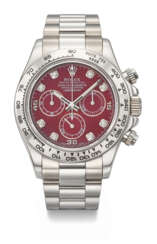 ROLEX. A VERY RARE AND ATTRACTIVE 18K WHITE GOLD AND DIAMOND-SET AUTOMATIC CHRONOGRAPH WRISTWATCH WITH GROSSULAR GARNET RUBELITE AND DIAL BRACELET