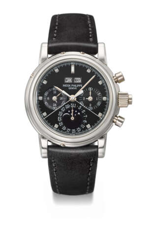 PATEK PHILIPPE. A VERY RARE AND ATTRACTIVE PLATINUM AND DIAMOND-SET PERPETUAL CALENDAR SPLIT SECONDS CHRONOGRAPH WRISTWATCH WITH MOON PHASES, 24 HOUR AND LEAP YEAR INDICATION - Foto 1