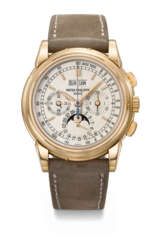 PATEK PHILIPPE. A VERY RARE AND COVETED 18K PINK GOLD PERPETUAL CALENDAR CHRONOGRAPH WRISTWATCH WITH MOON PHASES, 24 HOUR AND LEAP YEAR INDICATION