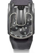 URWERK. A UNIQUE AND INNOVATIVE BLACK COATED PLATINUM WRISTWATCH WITH THREE DIMENSIONAL SATELLITE HOUR DISPLAY AND POWER RESERVE
