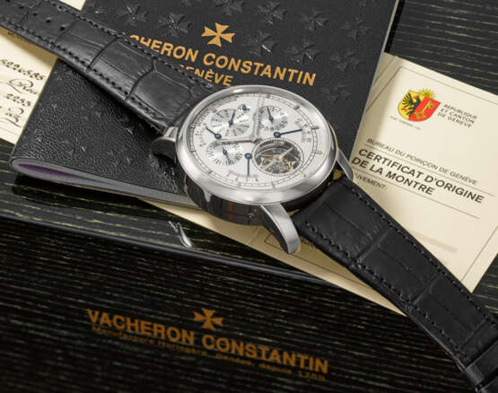 VACHERON CONSTANTIN. AN EXCEPTIONAL AND EXCEEDINGLY RARE PLATINUM HIGH COMPLICATION LIMITED SERIES PERPETUAL CALENDAR WRISTWATCH WITH ONE-MINUTE TOURBILLON, EQUATION OF TIME, TIME OF SUNRISE, TIME OF SUNSET INDICATIONS AND POWER RESERVE - photo 3