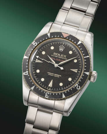 ROLEX. AN EXCEEDINGLY RARE AND IMPORTANT STAINLESS STEEL AUTOMATIC WRISTWATCH WITH BLACK HONEYCOMB DIAL AND BRACELET - Foto 2