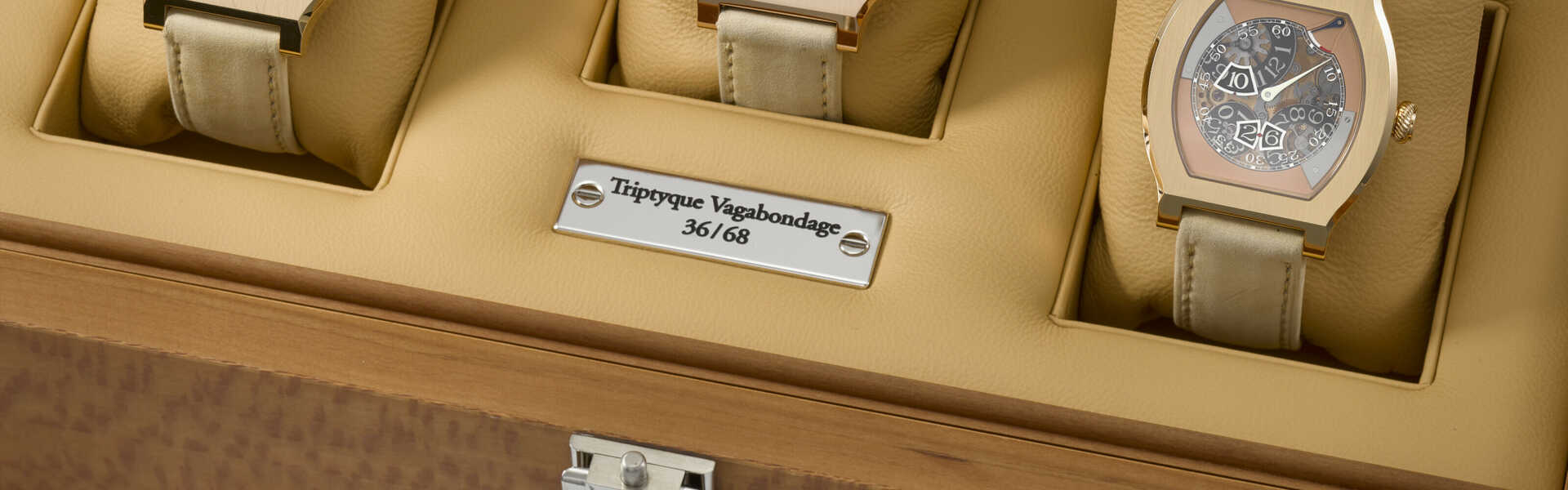 F.P. JOURNE. A MAGNIFICENT AND EXCEPTIONALLY RARE SET OF THREE 18K PINK GOLD LIMITED EDITION JUMP HOUR TONNEAU-SHAPED WRISTWATCHES, MATCHING CASE NUMBERS AND TRIPLE FITTED NUMBERED BOX