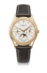 PATEK PHILIPPE. A RARE AND ATTRACTIVE 18K PINK GOLD AUTOMATIC PERPETUAL CALENDAR WRISTWATCH WITH MOON PHASES, 24 HOUR AND LEAP YEAR INDICATION