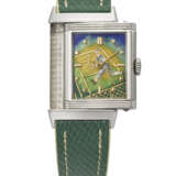JAEGER-LECOULTRE. A RARE AND VERY ATTRACTIVE STAINLESS STEEL ‘STAYBRITE’ REVERSIBLE WRISTWATCH WITH CLOISONN&#201; ENAMEL DIAL - Foto 1