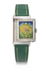 JAEGER-LECOULTRE. A RARE AND VERY ATTRACTIVE STAINLESS STEEL ‘STAYBRITE’ REVERSIBLE WRISTWATCH WITH CLOISONN&#201; ENAMEL DIAL