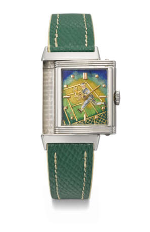 JAEGER-LECOULTRE. A RARE AND VERY ATTRACTIVE STAINLESS STEEL ‘STAYBRITE’ REVERSIBLE WRISTWATCH WITH CLOISONN&#201; ENAMEL DIAL - photo 1