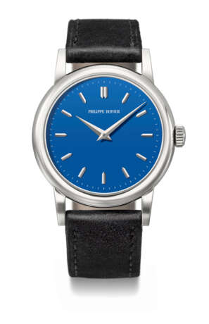 PHILIPPE DUFOUR. A UNIQUE, EXCEEDINGLY FINE AND LARGE, HIGHLY IMPORTANT STAINLESS STEEL WRISTWATCH WITH 38MM CASE AND ROYAL BLUE DIAL WITHOUT SMALL SECONDS - Foto 1