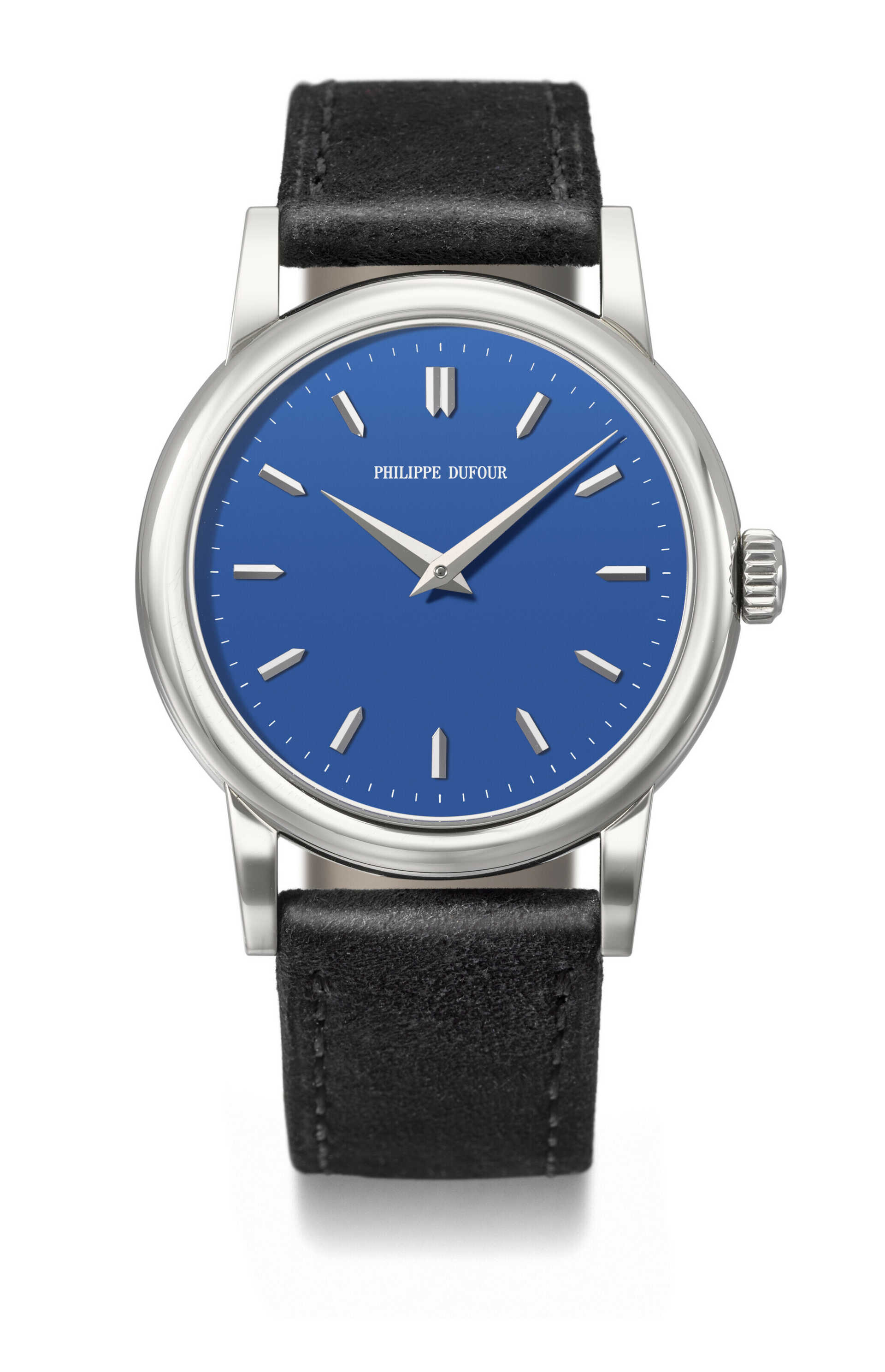 PHILIPPE DUFOUR. A UNIQUE, EXCEEDINGLY FINE AND LARGE, HIGHLY IMPORTANT STAINLESS STEEL WRISTWATCH WITH 38MM CASE AND ROYAL BLUE DIAL WITHOUT SMALL SECONDS