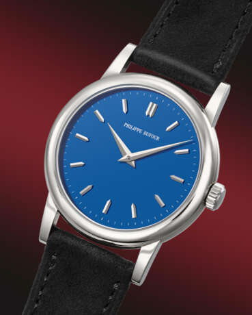 PHILIPPE DUFOUR. A UNIQUE, EXCEEDINGLY FINE AND LARGE, HIGHLY IMPORTANT STAINLESS STEEL WRISTWATCH WITH 38MM CASE AND ROYAL BLUE DIAL WITHOUT SMALL SECONDS - Foto 2