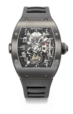 RICHARD MILLE. AN EXCEEDINGLY RARE DLC-COATED TITANIUM LIMITED EDITION SKELETONIZED DUAL TIME TOURBILLON WRISTWATCH WITH POWER RESERVE AND TORQUE INDICATORS - photo 1