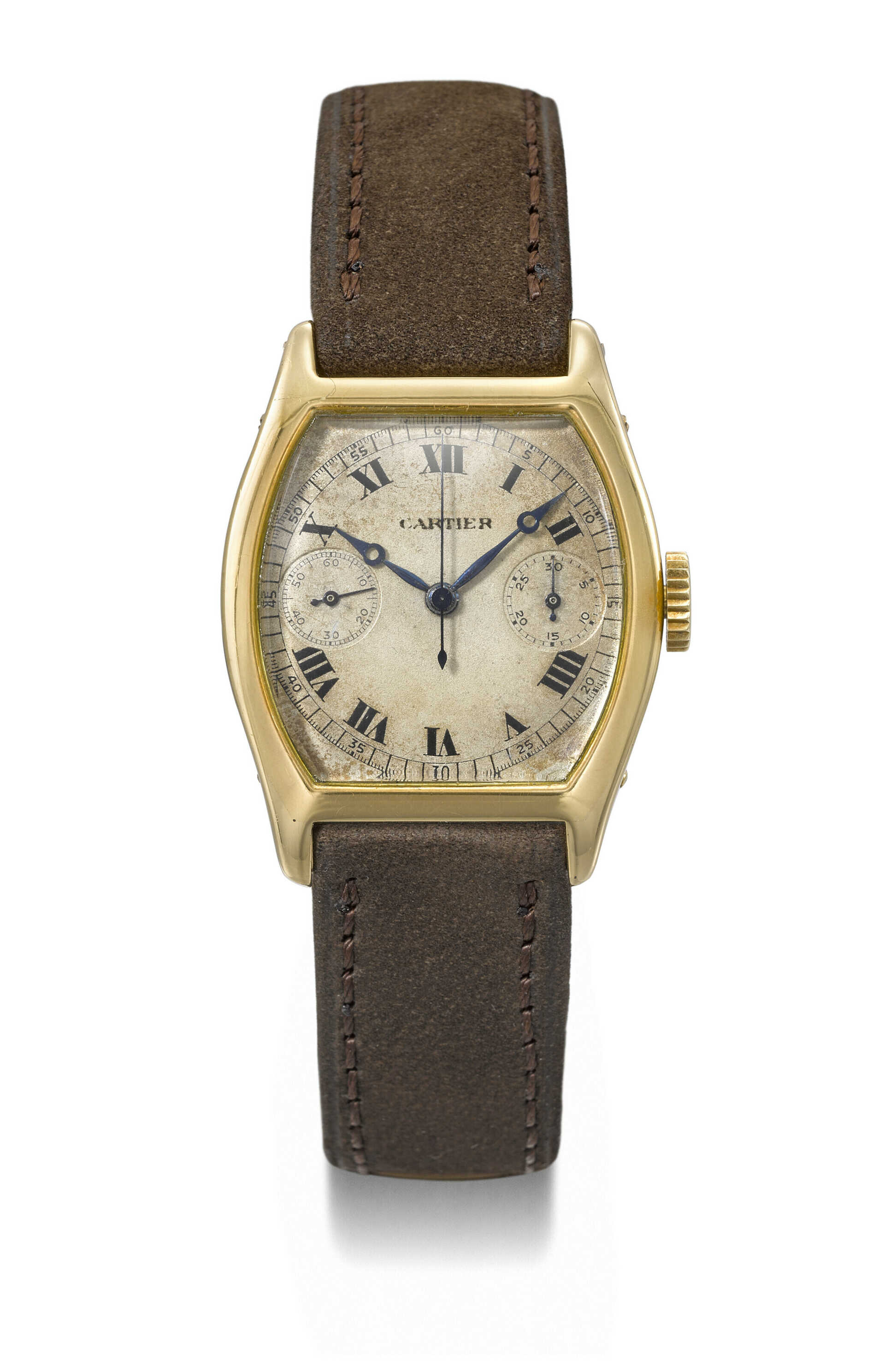 CARTIER. AN EXCEEDINGLY RARE AND WELL PRESERVED 18K GOLD TONNEAU-SHAPED SINGLE BUTTON CHRONOGRAPH WRISTWATCH WITH 30-MINUTE REGISTER