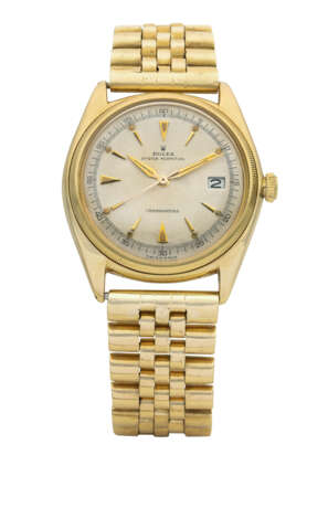 ROLEX. A VERY RARE AND EARLY 18K GOLD AUTOMATIC WRISTWATCH WITH SWEEP CENTRE SECONDS, DATE AND BRACELET - Foto 1