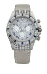ROLEX. A SUPERB AND ATTRACTIVE 18K WHITE GOLD, DIAMOND AND SAPPHIRE-SET AUTOMATIC CHRONOGRAPH WRISTWATCH