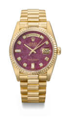 ROLEX. A RARE AND HIGHLY ATTRACTIVE 18K GOLD AND DIAMOND-SET AUTOMATIC WRISTWATCH WITH SWEEP CENTRE SECONDS, DAY, DATE, GROSSULAR GARNET RUBELLITE DIAL AND BRACELET