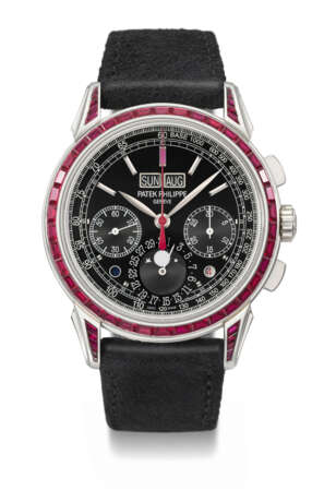 PATEK PHILIPPE. A HIGHLY IMPRESSIVE AND EXTREMELY RARE PLATINUM AND RUBY-SET PERPETUAL CALENDAR CHRONOGRAPH WRISTWATCH WITH MOON PHASES, LEAP YEAR AND DAY/NIGHT INDICATION - Foto 1