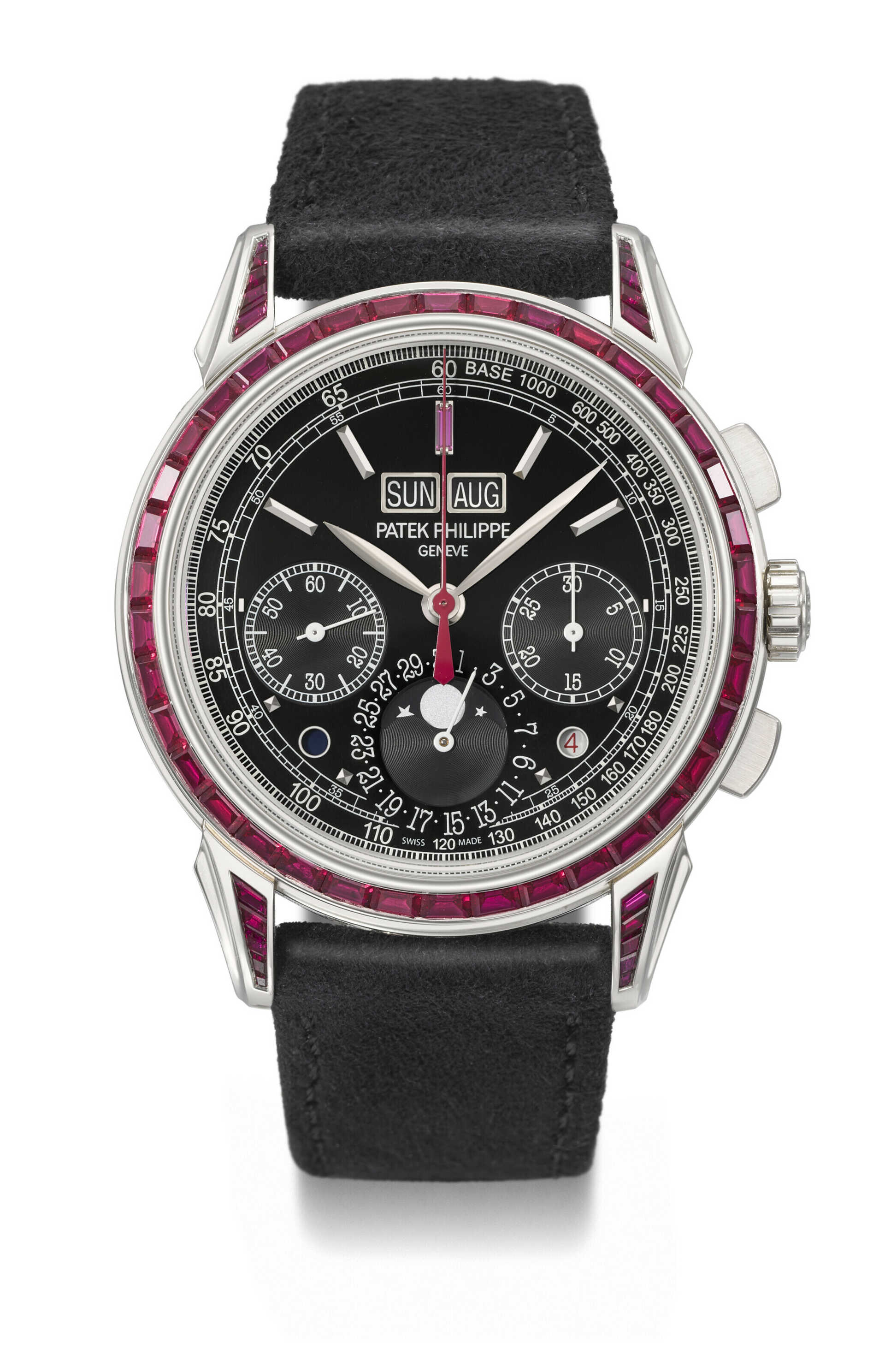 PATEK PHILIPPE. A HIGHLY IMPRESSIVE AND EXTREMELY RARE PLATINUM AND RUBY-SET PERPETUAL CALENDAR CHRONOGRAPH WRISTWATCH WITH MOON PHASES, LEAP YEAR AND DAY/NIGHT INDICATION