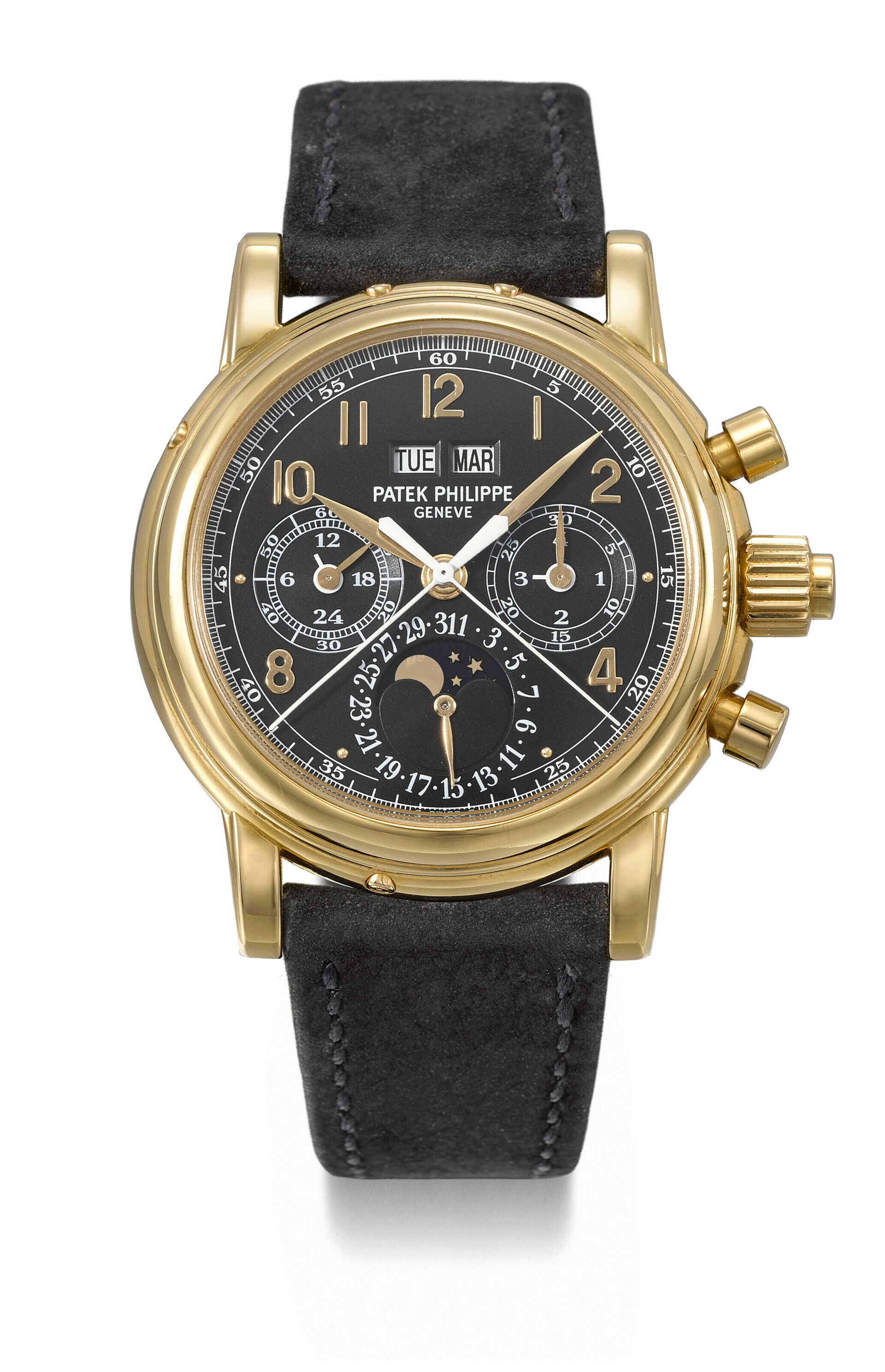 PATEK PHILIPPE. A VERY RARE AND HIGHLY ATTRACTIVE 18K PINK GOLD PERPETUAL CALENDAR SPLIT SECONDS CHRONOGRAPH WRISTWATCH WITH MOON PHASES, 24 HOUR AND LEAP YEAR INDICATION