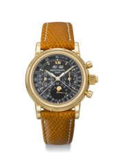 PATEK PHILIPPE. AN IMPORTANT AND POSSIBLY UNIQUE 18K GOLD SPLIT SECONDS CHRONOGRAPH PERPETUAL CALENDAR WRISTWATCH WITH MOON PHASES, 24 HOUR, LEAP YEAR INDICATION AND BLACK MONOGRAM DIAL WITH LUMINOUS HOUR MARKERS AND TACHYMETER SCALE