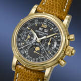 PATEK PHILIPPE. AN IMPORTANT AND POSSIBLY UNIQUE 18K GOLD SPLIT SECONDS CHRONOGRAPH PERPETUAL CALENDAR WRISTWATCH WITH MOON PHASES, 24 HOUR, LEAP YEAR INDICATION AND BLACK MONOGRAM DIAL WITH LUMINOUS HOUR MARKERS AND TACHYMETER SCALE - photo 2