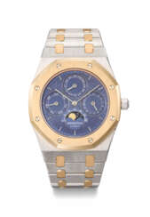 AUDEMARS PIGUET. AN EXTREMELY RARE AND HIGHLY ATTRACTIVE PLATINUM AND 18K PINK GOLD AUTOMATIC PERPETUAL CALENDAR WRISTWATCH WITH MOON PHASES, &#39;TUSCANY&#39; BLUE DIAL AND BRACELET