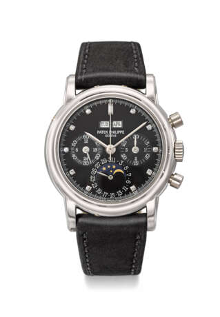 PATEK PHILIPPE. A VERY RARE AND ELEGANT PLATINUM AND DIAMOND-SET PERPETUAL CALENDAR CHRONOGRAPH WRISTWATCH WITH MOON PHASES, 24 HOUR INDICATION AND LEAP YEAR INDICATION - Foto 1