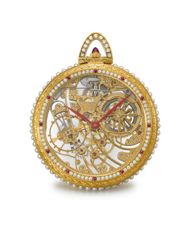 PATEK PHILIPPE. A POSSIBLY UNIQUE, STUNNINGLY ATTRACTIVE AND RICHLY JEWELLED 18K GOLD, DIAMOND, RUBY AND PEARL-SET SKELETONIZED KEYLESS LEVER WATCH WITH RED HANDS - фото 1
