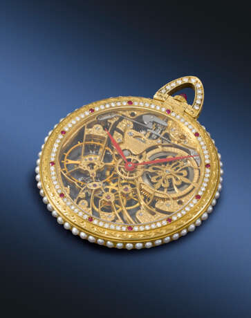 PATEK PHILIPPE. A POSSIBLY UNIQUE, STUNNINGLY ATTRACTIVE AND RICHLY JEWELLED 18K GOLD, DIAMOND, RUBY AND PEARL-SET SKELETONIZED KEYLESS LEVER WATCH WITH RED HANDS - Foto 2