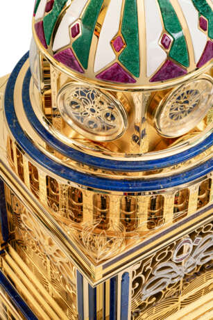 CROWN. A UNIQUE, EXTRAORDINARY AND MAGNIFICENT SILVER-GILT, LAPIS LAZULI, AVENTURINE, RUBELITE, DIAMOND AND RUBY-SET ELECTRO-MECHANICAL MUSICAL AUTOMATON WORLD TIME TABLE CLOCK WITH PERPETUAL CALENDAR, ASTROLABE, THERMOMETER, HYGROMETER AND REMOTE CONTROL - photo 2