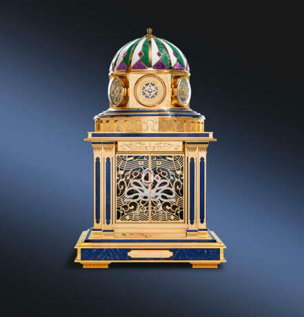 CROWN. A UNIQUE, EXTRAORDINARY AND MAGNIFICENT SILVER-GILT, LAPIS LAZULI, AVENTURINE, RUBELITE, DIAMOND AND RUBY-SET ELECTRO-MECHANICAL MUSICAL AUTOMATON WORLD TIME TABLE CLOCK WITH PERPETUAL CALENDAR, ASTROLABE, THERMOMETER, HYGROMETER AND REMOTE CONTROL - photo 3