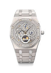 AUDEMARS PIGUET. AN EXTREMELY RARE AND HIGHLY ATTRACTIVE STAINLESS STEEL, PLATINUM AND DIAMOND-SET AUTOMATIC SKELETONIZED PERPETUAL CALENDAR WRISTWATCH WITH MOON PHASES, LEAP YEAR INDICATION AND BRACELET