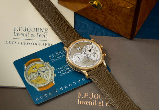 F.P. JOURNE. AN EXTREMELY RARE AND EARLY 18K PINK GOLD AUTOMATIC FLYBACK CHRONOGRAPH WRISTWATCH WITH BRASS MOVEMENT AND DATE - Foto 3