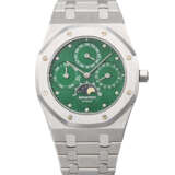 AUDEMARS PIGUET. A POSSIBLY UNIQUE AND HIGHLY ATTRACTIVE STAINLESS STEEL AUTOMATIC PERPETUAL CALENDAR WRISTWATCH WITH MOON PHASES, EMERALD GREEN DIAL AND BRACELET - photo 1