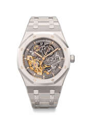 AUDEMARS PIGUET. AN ATTRACTIVE AND COVETED STAINLESS STEEL AUTOMATIC SKELETONIZED WRISTWATCH WITH SWEEP CENTRE SECONDS, DOUBLE BALANCE WHEEL AND BRACELET