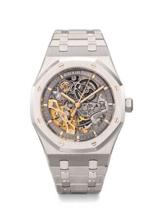 AUDEMARS PIGUET. AN ATTRACTIVE AND COVETED STAINLESS STEEL AUTOMATIC SKELETONIZED WRISTWATCH WITH SWEEP CENTRE SECONDS, DOUBLE BALANCE WHEEL AND BRACELET - фото 1