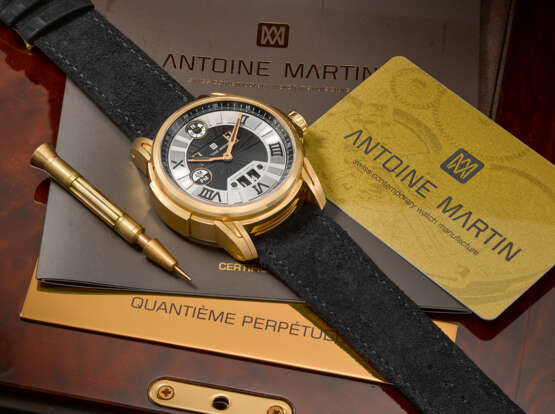 ANTOINE MARTIN. A RARE AND IMPRESSIVE 18K PINK GOLD LIMITED EDITION PERPETUAL CALENDAR WRISTWATCH WITH LARGE BALANCE WHEEL, POWER RESERVE AND DAY/NIGHT INDICATION - photo 3