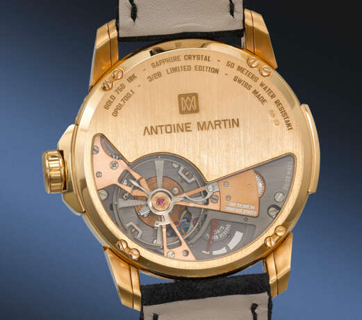 ANTOINE MARTIN. A RARE AND IMPRESSIVE 18K PINK GOLD LIMITED EDITION PERPETUAL CALENDAR WRISTWATCH WITH LARGE BALANCE WHEEL, POWER RESERVE AND DAY/NIGHT INDICATION - photo 4