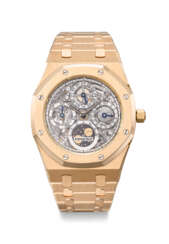 AUDEMARS PIGUET. A RARE AND HIGHLY ATTRACTIVE 18K PINK GOLD AUTOMATIC SKELETONIZED PERPETUAL CALENDAR WRISTWATCH WITH MOON PHASES, LEAP YEAR INDICATION AND BRACELET