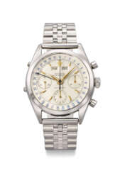 ROLEX. AN EXTREMELY RARE AND SUPERBLY WELL PRESERVED STAINLESS STEEL CHRONOGRAPH TRIPLE CALENDAR WRISTWATCH WITH BRACELET