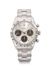 ROLEX. A VERY RARE AND HIGHLY ATTRACTIVE STAINLESS STEEL CHRONOGRAPH WRISTWATCH WITH TROPICAL REGISTERS AND BRACELET