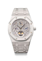 AUDEMARS PIGUET. A RARE AND HIGHLY ATTRACTIVE PLATINUM AUTOMATIC SKELETONIZED PERPETUAL CALENDAR WRISTWATCH WITH MOON PHASES, LEAP YEAR INDICATION AND BRACELET