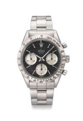 ROLEX. A VERY RARE STAINLESS STEEL CHRONOGRAPH WRISTWATCH WITH SMALL &#39;FLOATING DAYTONA&#39; DIAL AND BRACELET