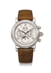 PATEK PHILIPPE. A VERY RARE AND HIGHLY ATTRACTIVE PLATINUM PERPETUAL CALENDAR SPLIT SECONDS CHRONOGRAPH WRISTWATCH WITH MOON PHASES, 24 HOUR AND LEAP YEAR INDICATION