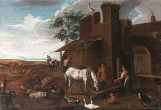 Paar Gegenstücke: Pferde an der Tränke und ruhendes Vieh. Niederländischer Meister - фото 1