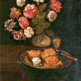 Tischstilleben mit Nelkenstrauß, Granatapfel und Sherry. Holländischer Stillebenmaler - photo 1