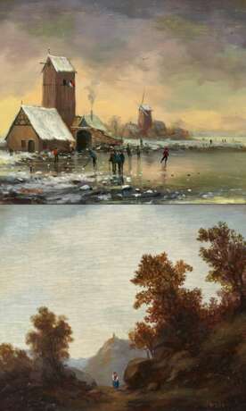 Zwei Gemälde: Waldlandschaft mit Ruine / Gesellschaft auf dem Eis - Foto 1