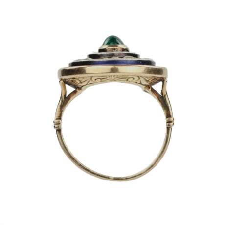 Золотое кольцо 583 пробы, с изумрудом, бриллиантами и синей эмалью. - photo 5